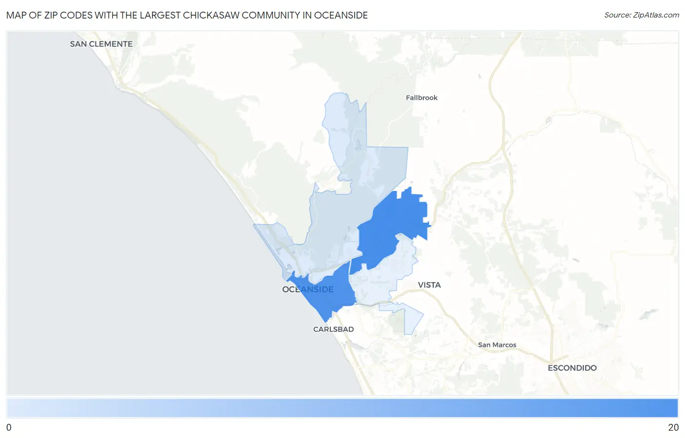Zip Codes with the Largest Chickasaw Community in Oceanside Map