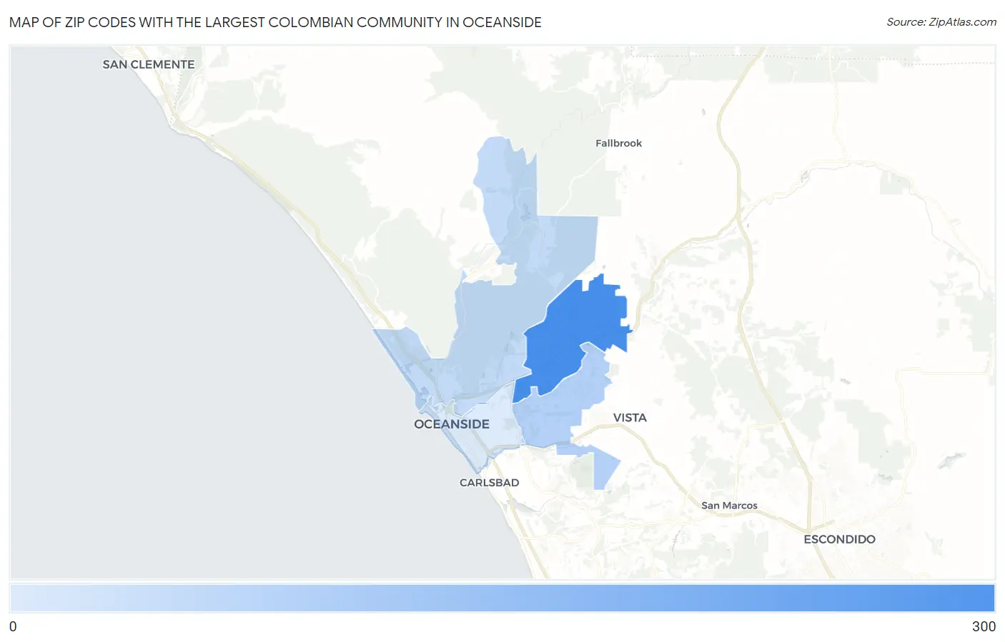 Zip Codes with the Largest Colombian Community in Oceanside Map