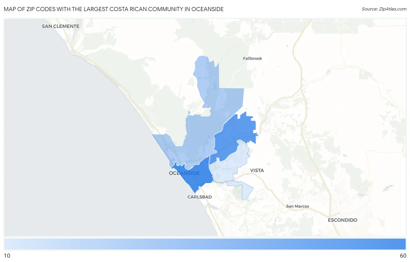 Zip Codes with the Largest Costa Rican Community in Oceanside Map