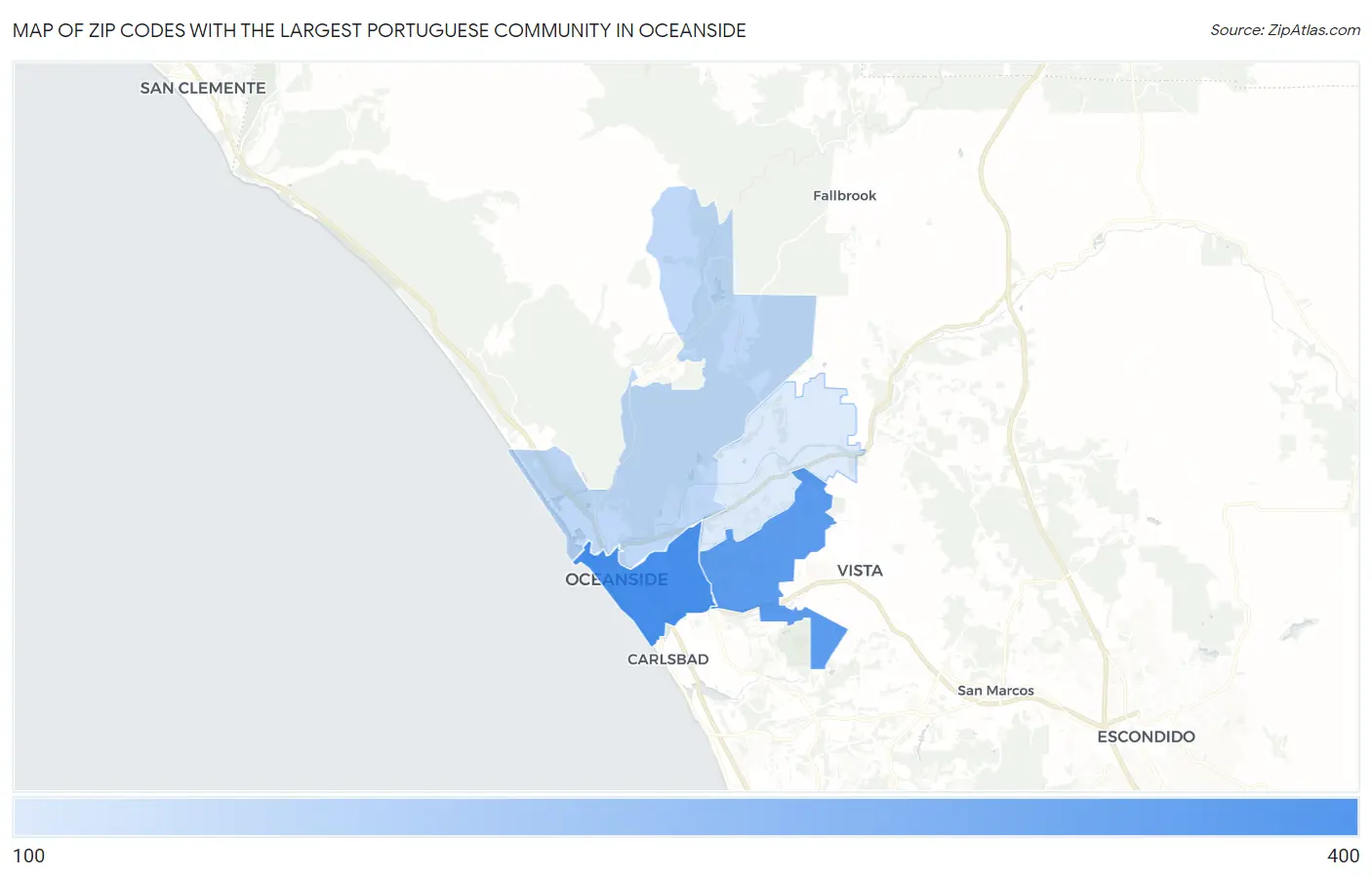 Zip Codes with the Largest Portuguese Community in Oceanside Map