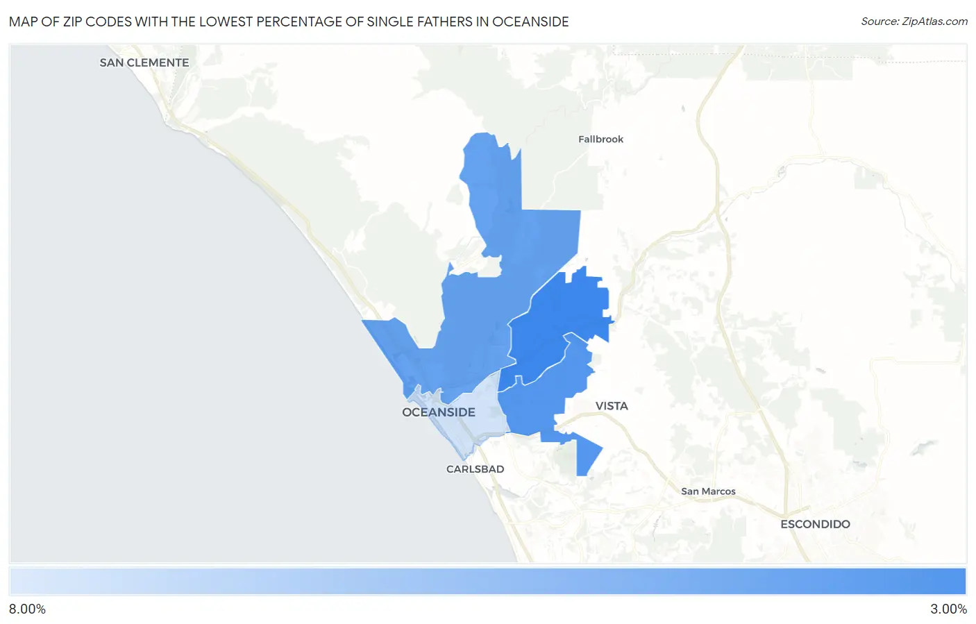 Zip Codes with the Lowest Percentage of Single Fathers in Oceanside Map