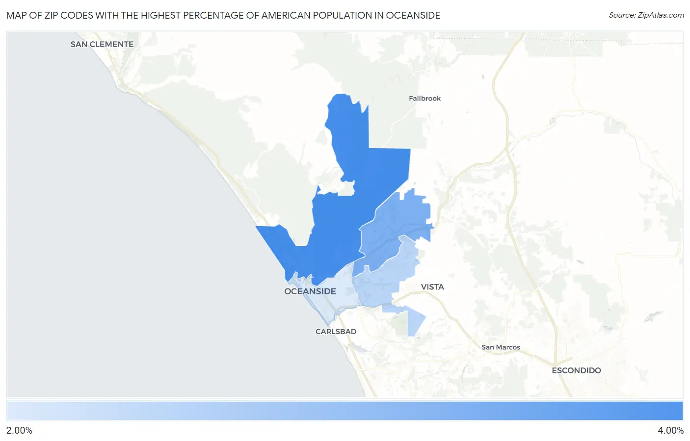Zip Codes with the Highest Percentage of American Population in Oceanside Map