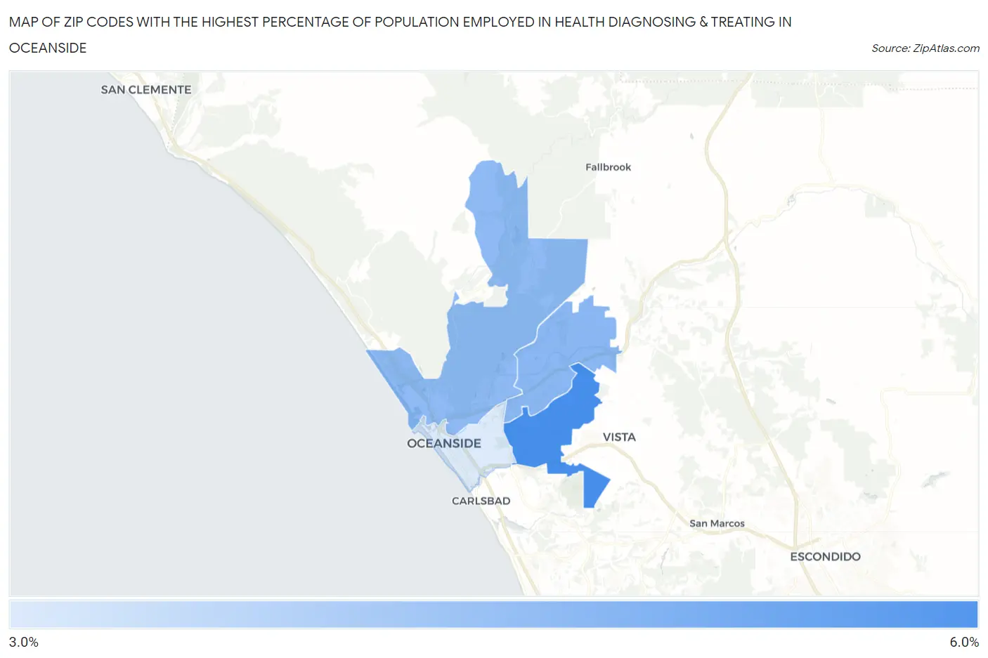 Zip Codes with the Highest Percentage of Population Employed in Health Diagnosing & Treating in Oceanside Map