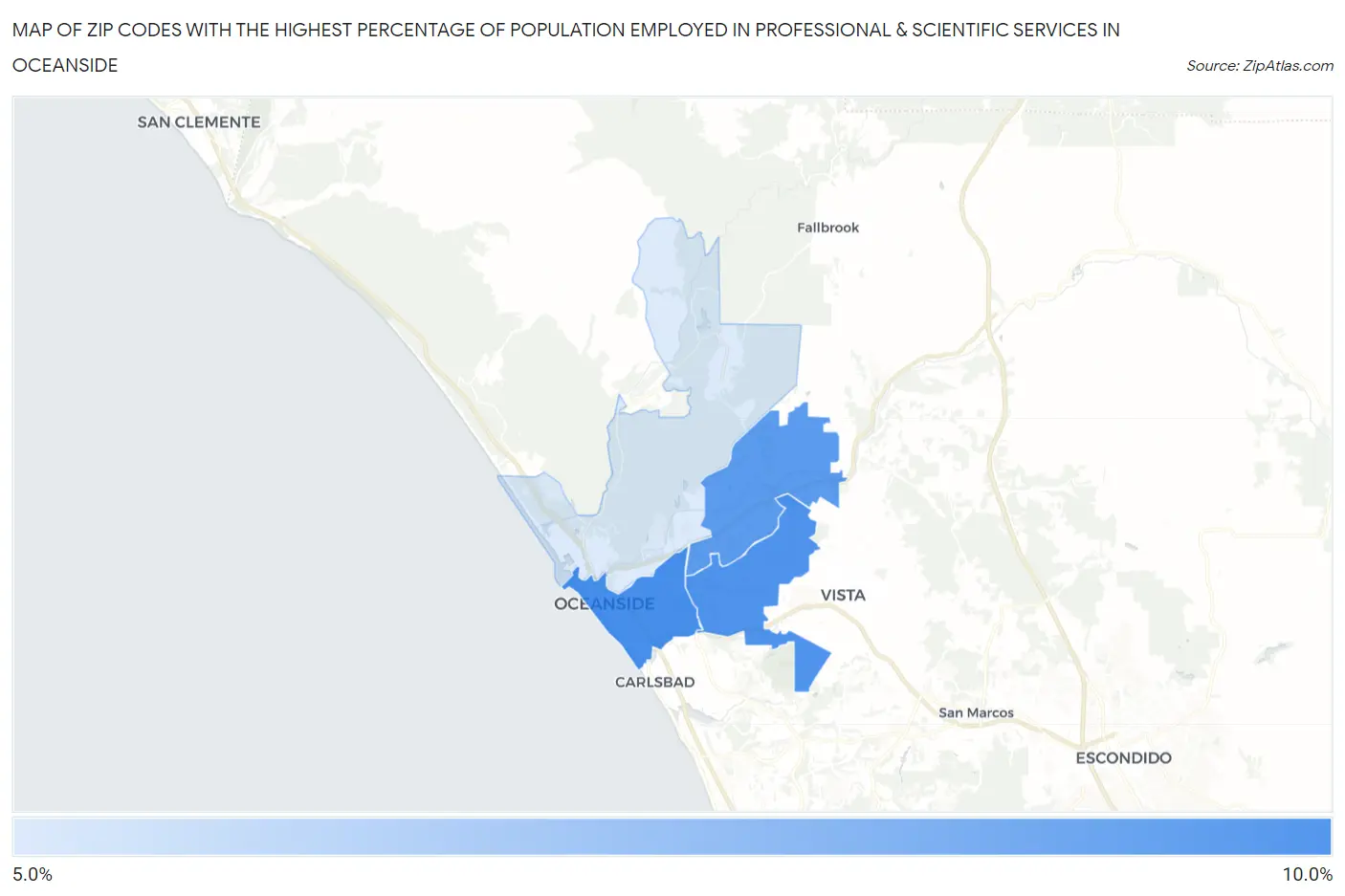 Zip Codes with the Highest Percentage of Population Employed in Professional & Scientific Services in Oceanside Map