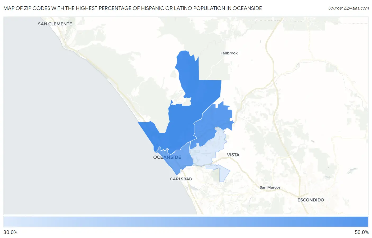Zip Codes with the Highest Percentage of Hispanic or Latino Population in Oceanside Map