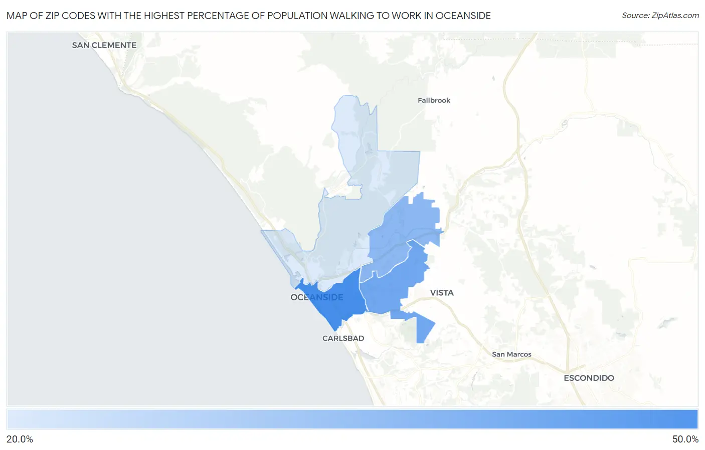 Zip Codes with the Highest Percentage of Population Walking to Work in Oceanside Map