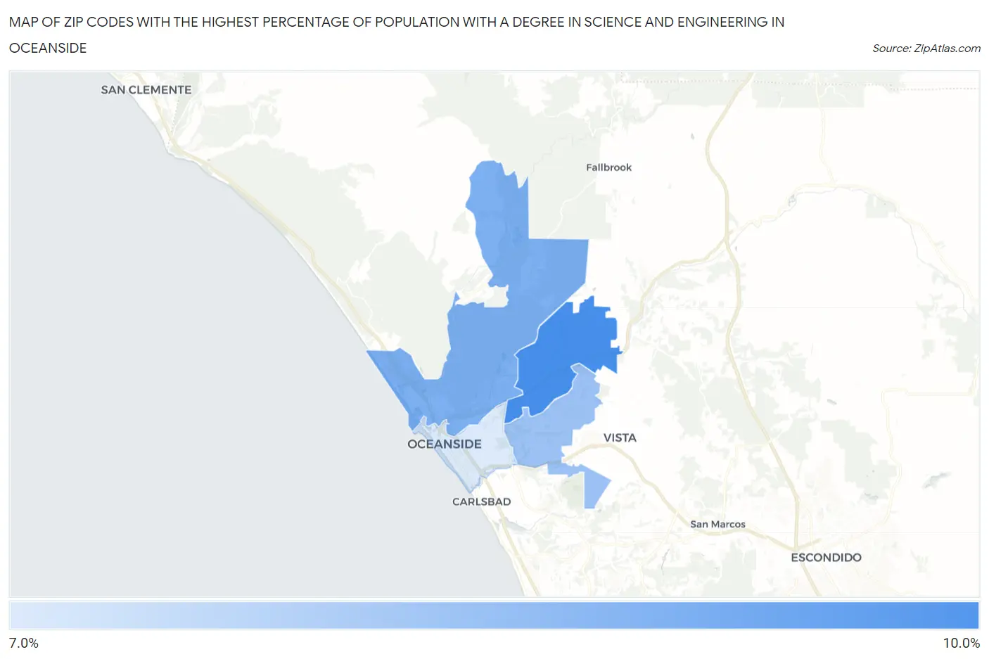 Zip Codes with the Highest Percentage of Population with a Degree in Science and Engineering in Oceanside Map