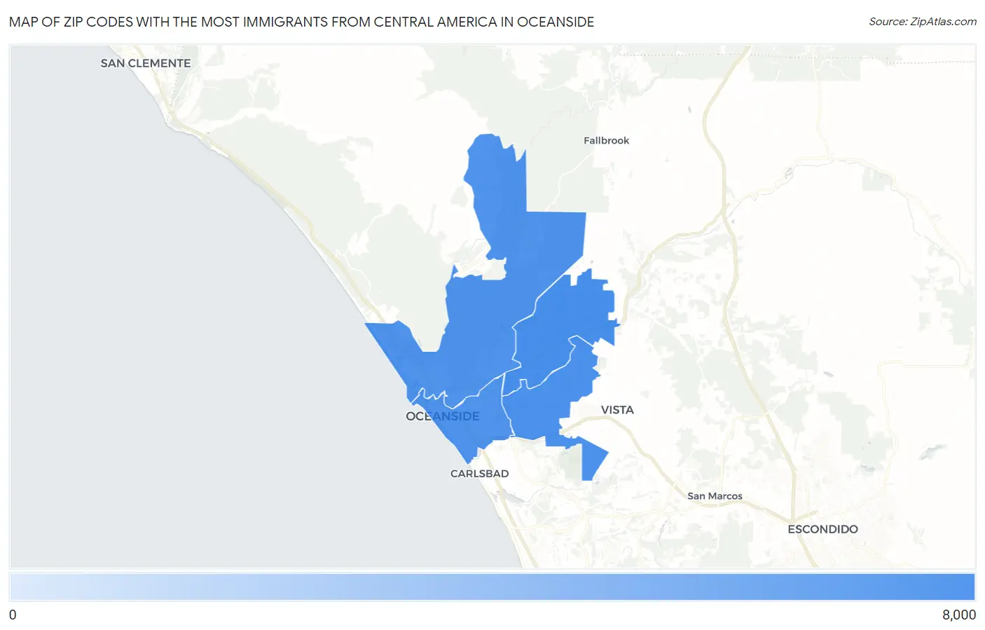 Zip Codes with the Most Immigrants from Central America in Oceanside Map