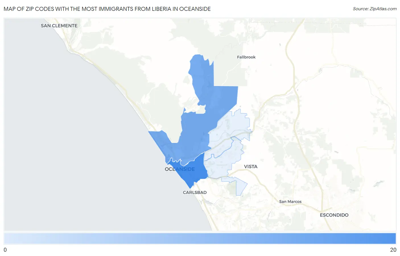 Zip Codes with the Most Immigrants from Liberia in Oceanside Map