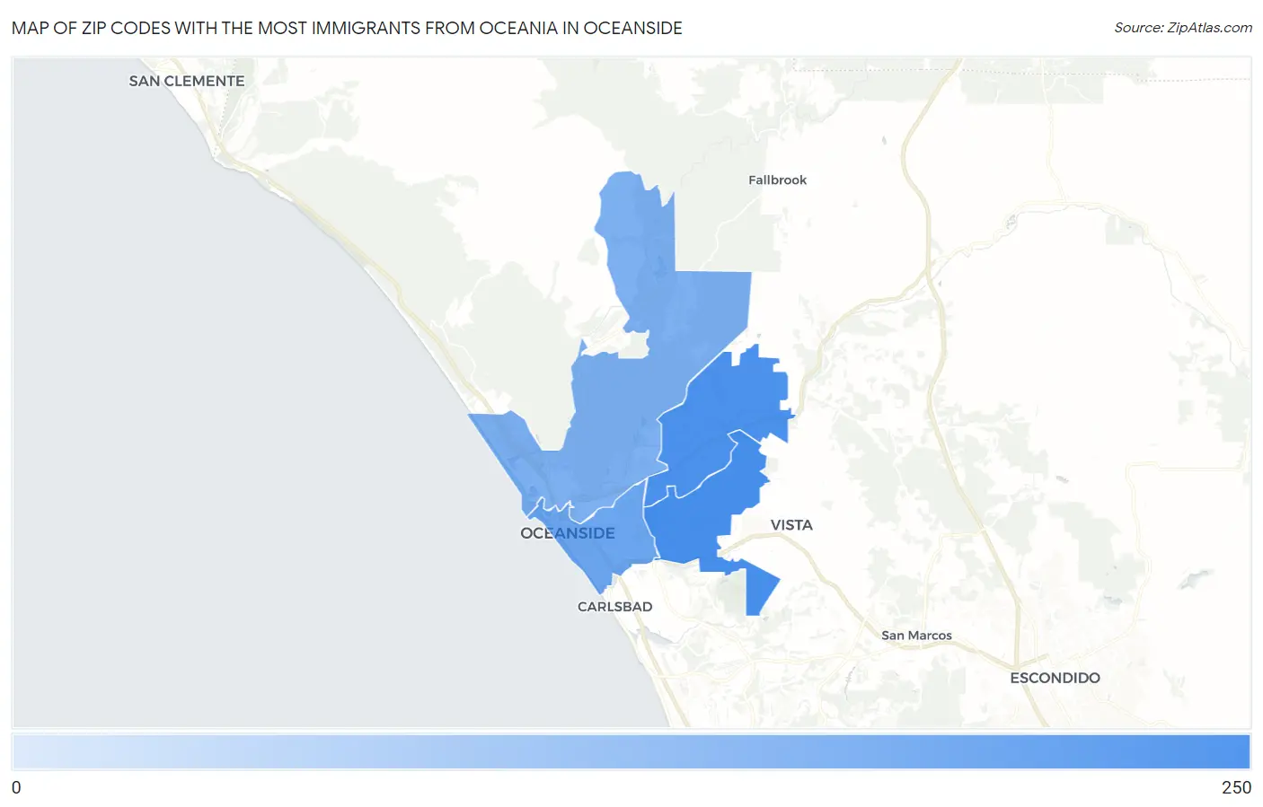 Zip Codes with the Most Immigrants from Oceania in Oceanside Map