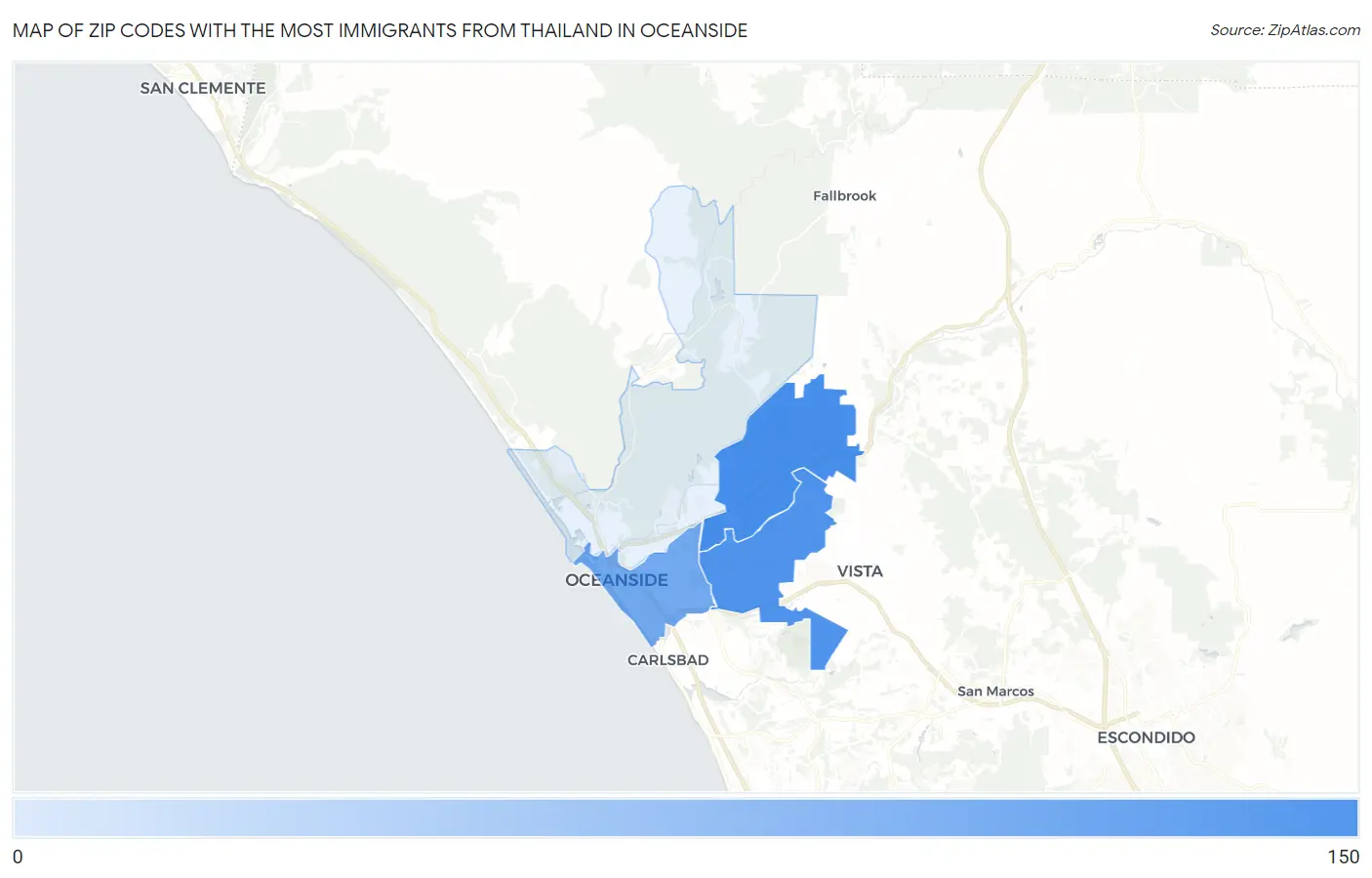 Zip Codes with the Most Immigrants from Thailand in Oceanside Map