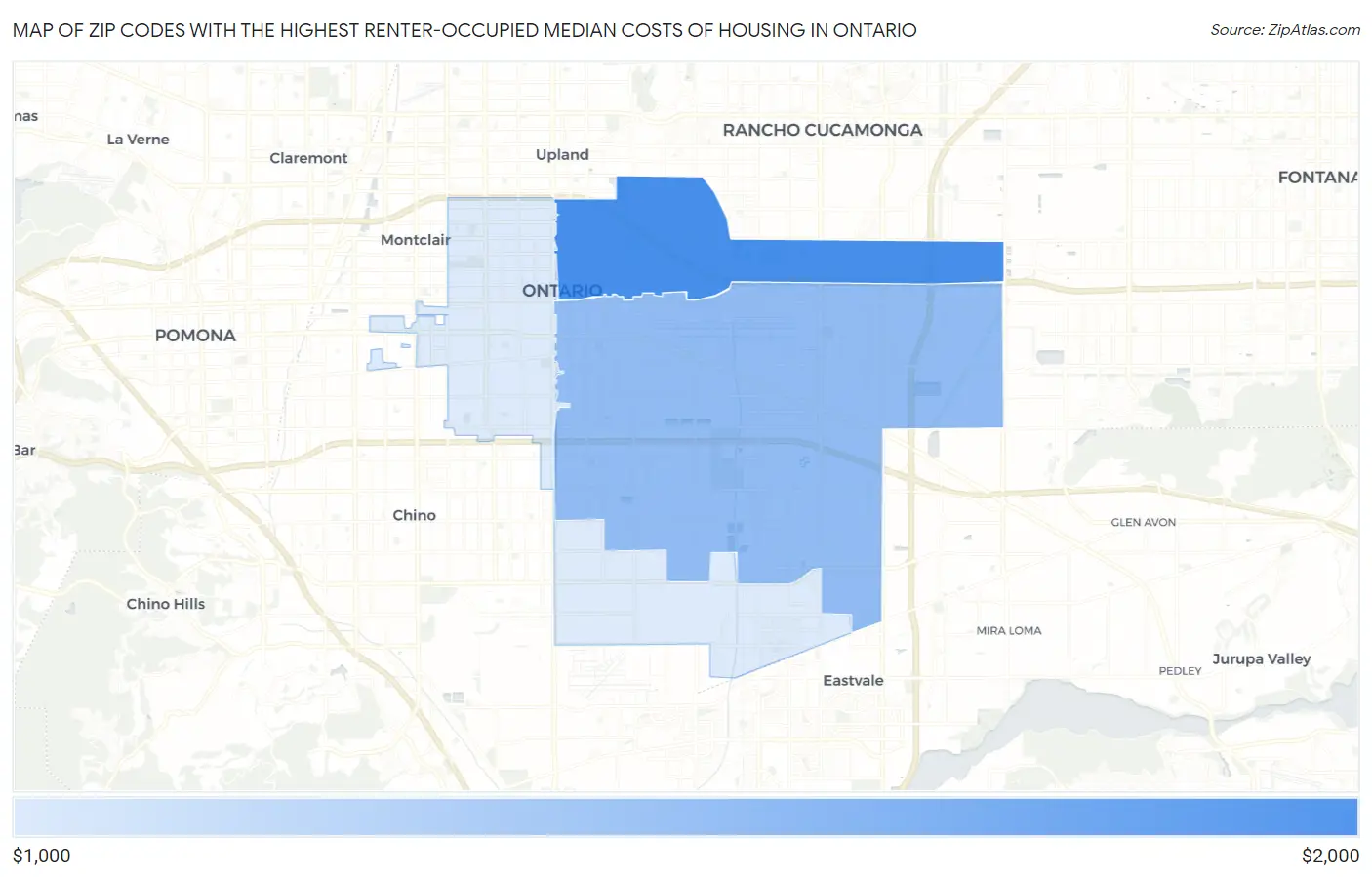 Zip Codes with the Highest Renter-Occupied Median Costs of Housing in Ontario Map