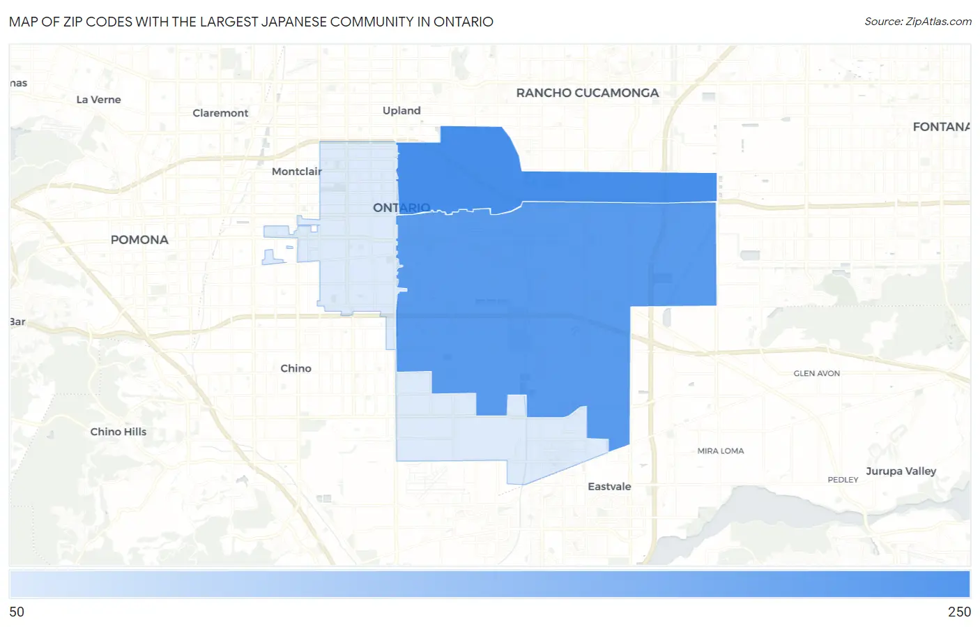 Zip Codes with the Largest Japanese Community in Ontario Map