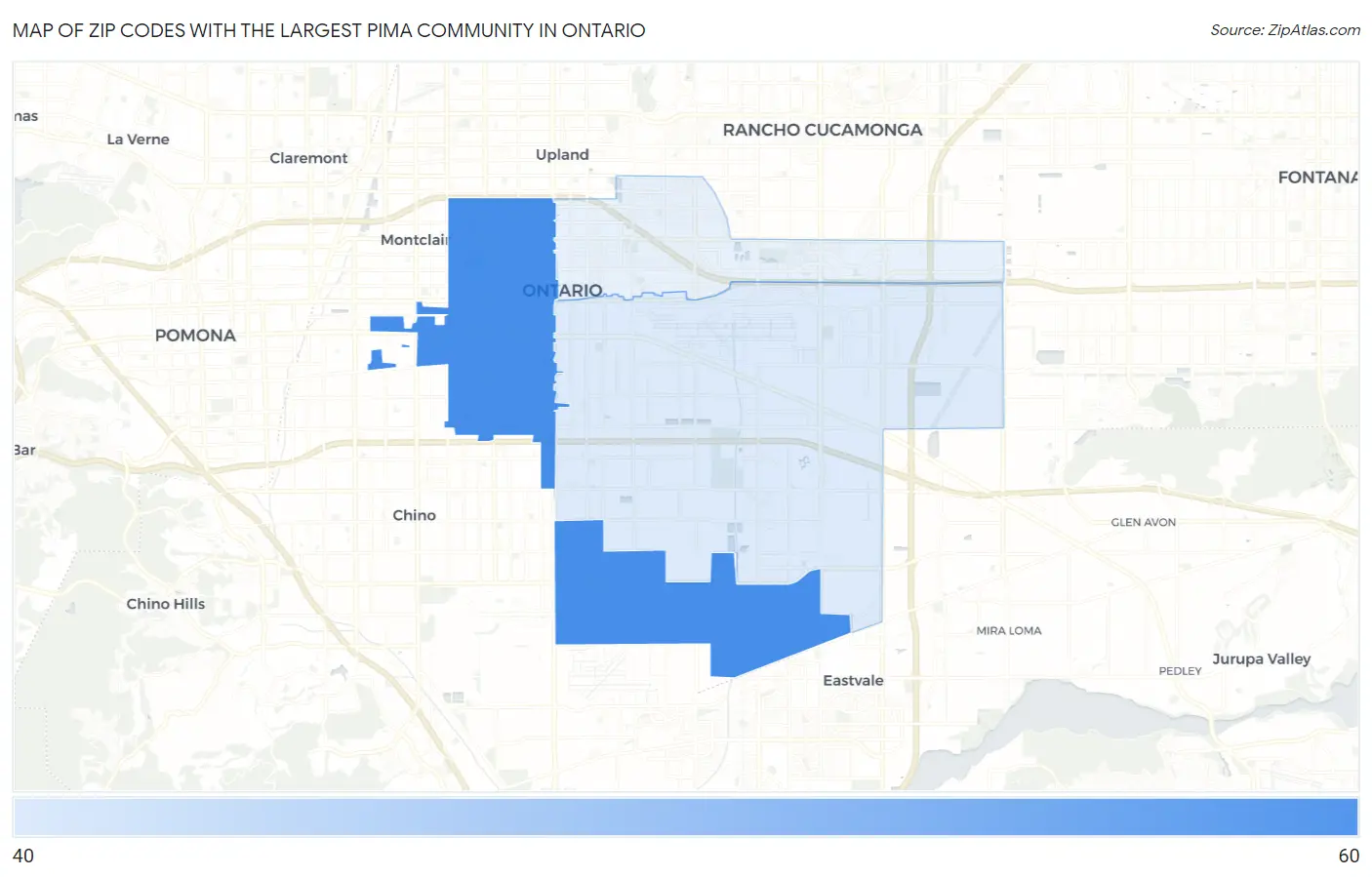 Zip Codes with the Largest Pima Community in Ontario Map