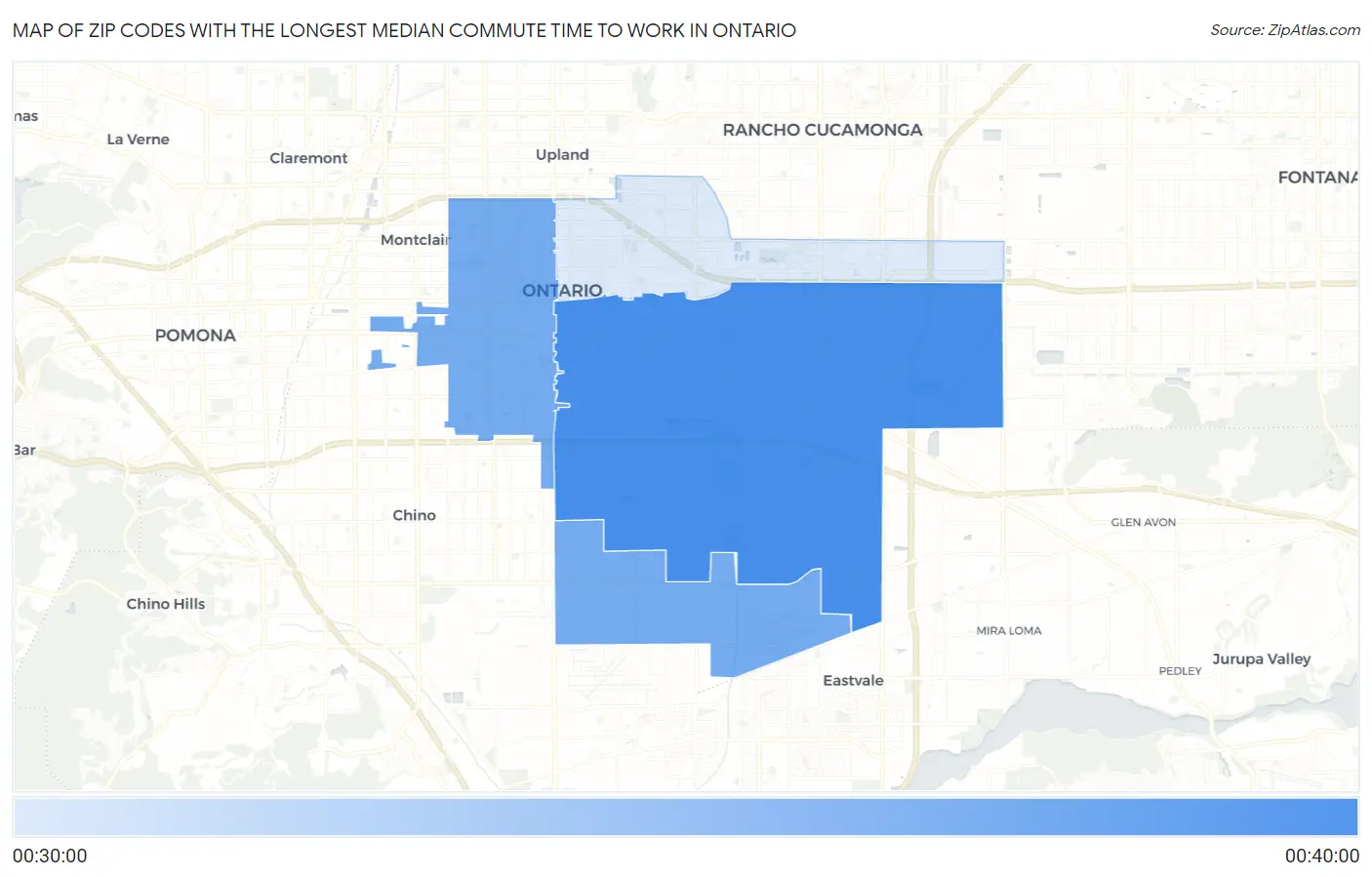 Zip Codes with the Longest Median Commute Time to Work in Ontario Map