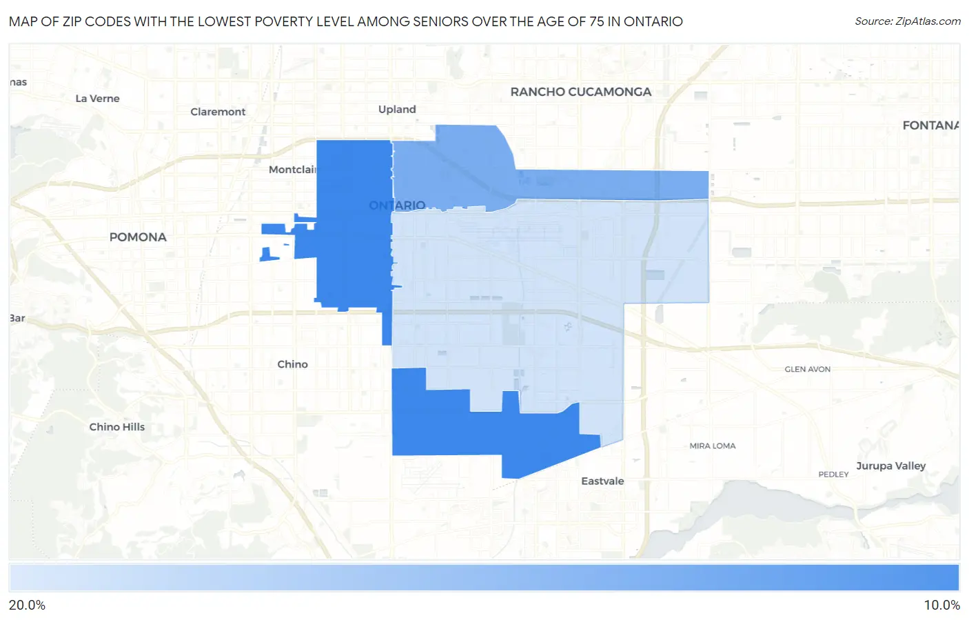 Zip Codes with the Lowest Poverty Level Among Seniors Over the Age of 75 in Ontario Map