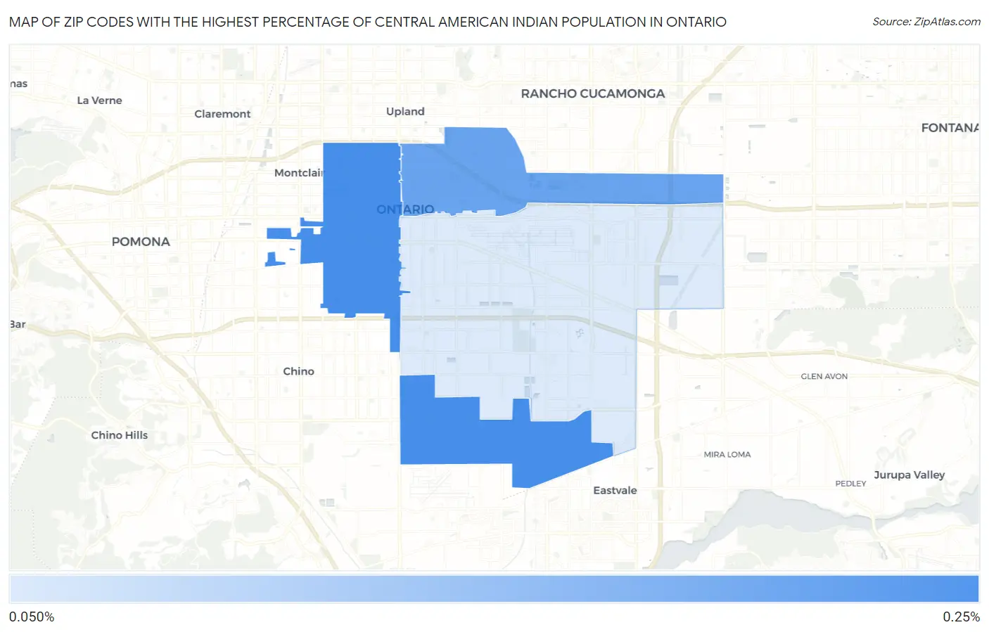 Zip Codes with the Highest Percentage of Central American Indian Population in Ontario Map