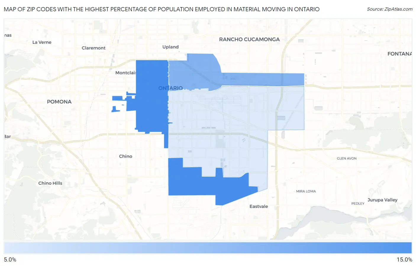 Zip Codes with the Highest Percentage of Population Employed in Material Moving in Ontario Map