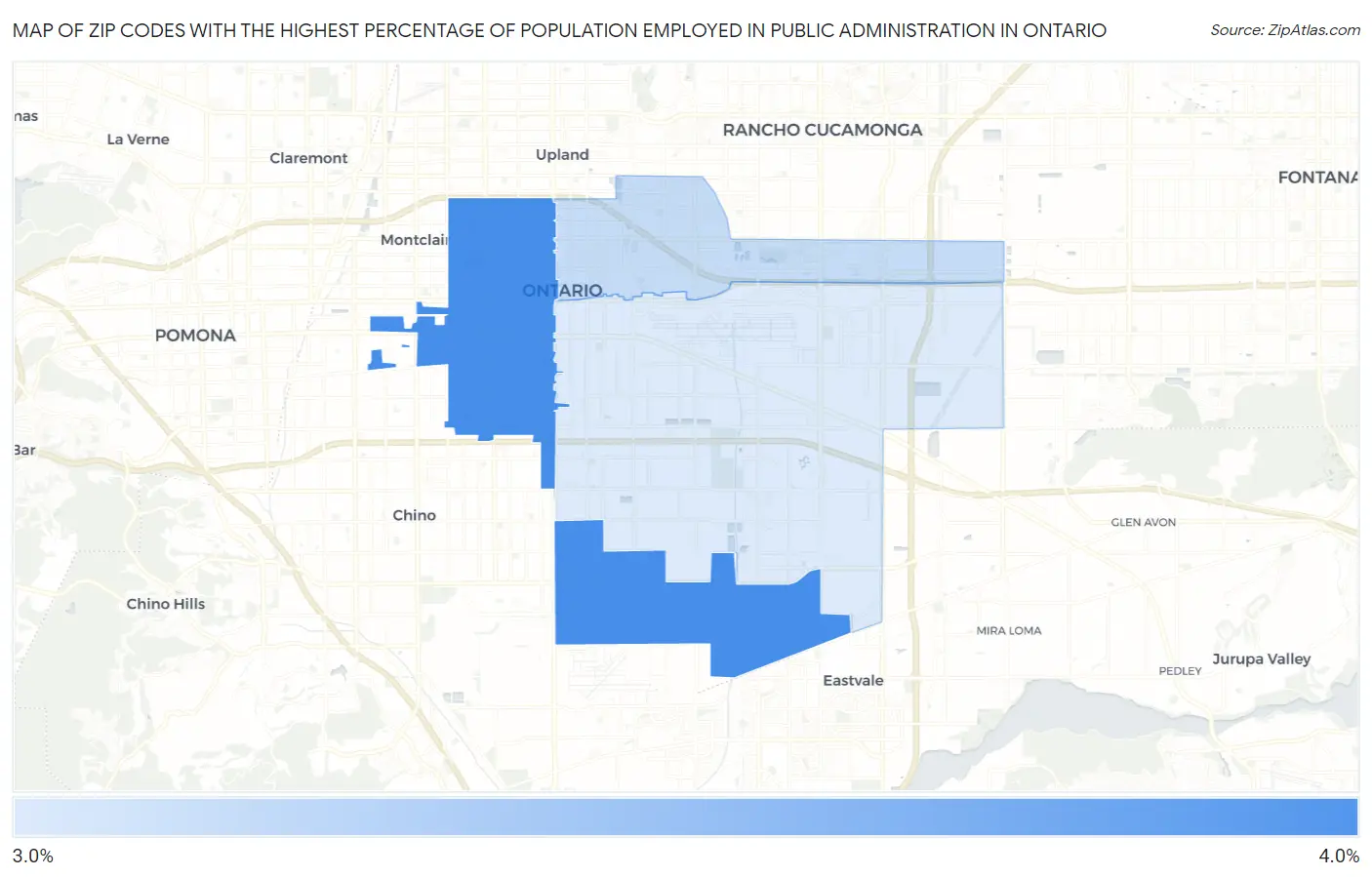 Zip Codes with the Highest Percentage of Population Employed in Public Administration in Ontario Map