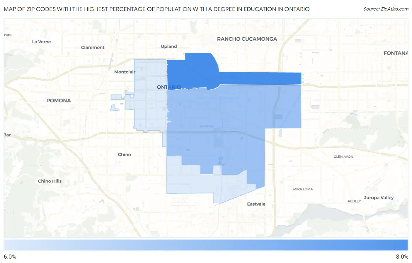 Zip Codes with the Highest Percentage of Population with a Degree in Education in Ontario Map