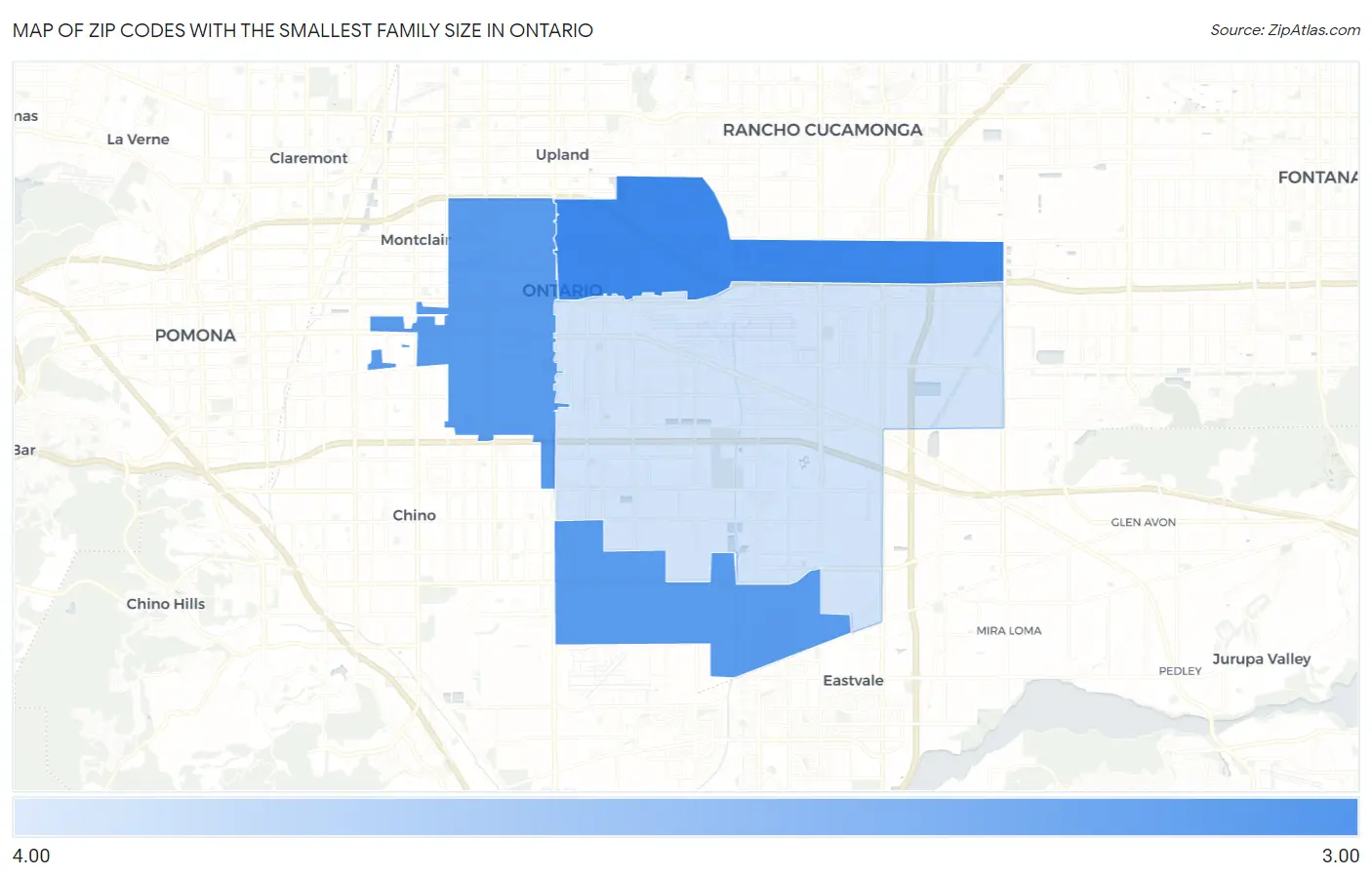 Zip Codes with the Smallest Family Size in Ontario Map