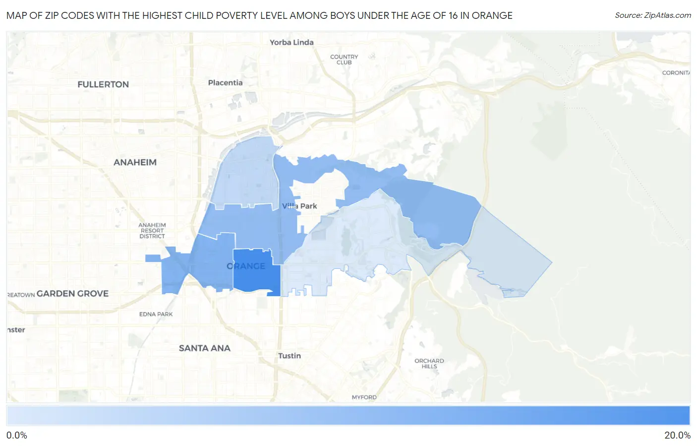 Zip Codes with the Highest Child Poverty Level Among Boys Under the Age of 16 in Orange Map