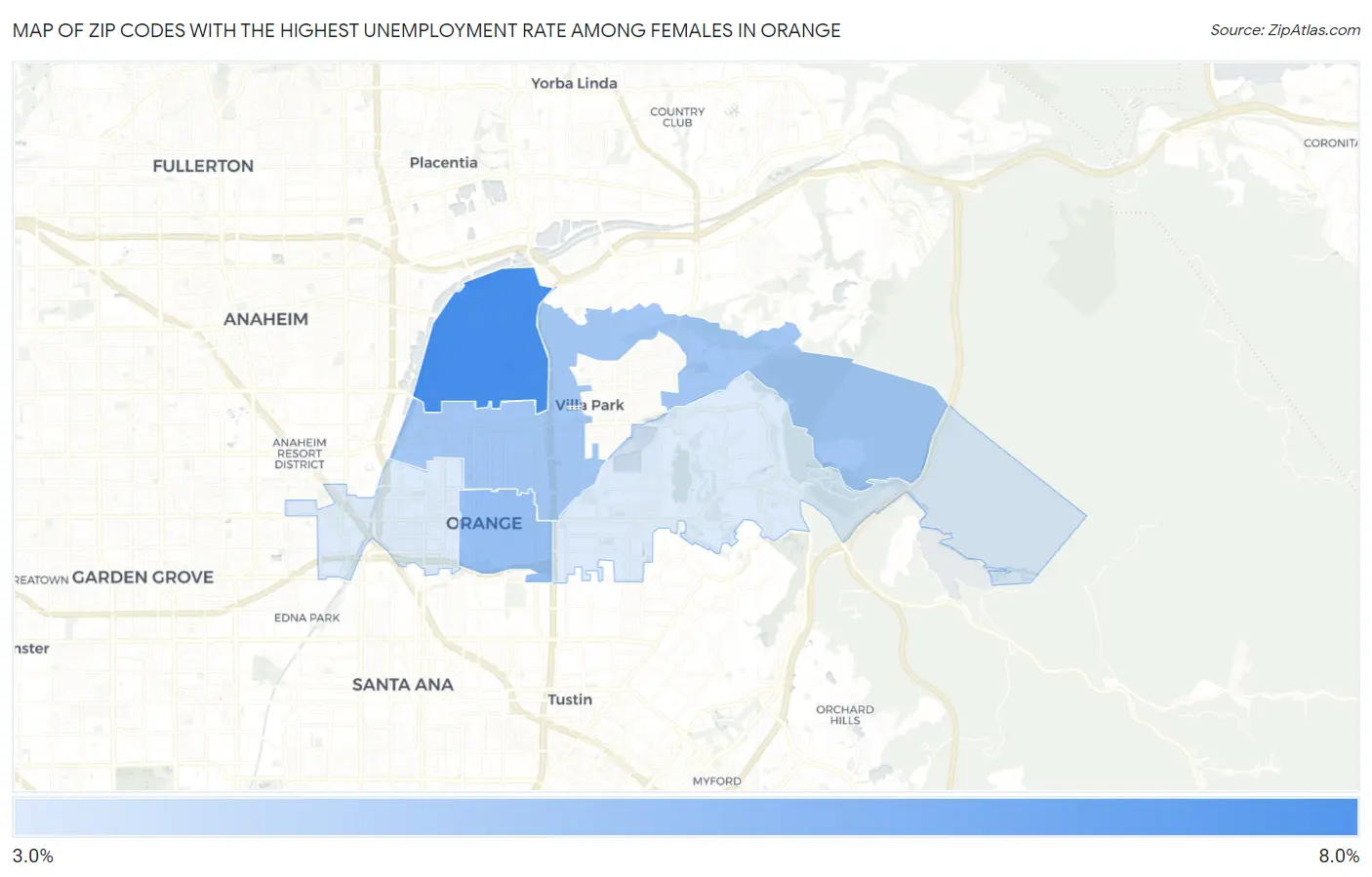 Zip Codes with the Highest Unemployment Rate Among Females in Orange Map