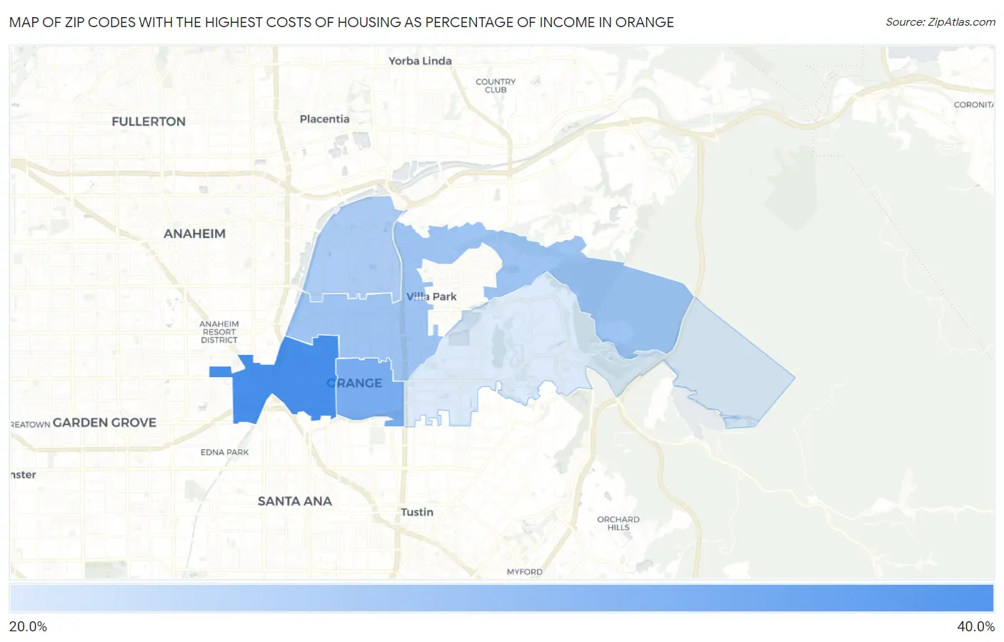 Zip Codes with the Highest Costs of Housing as Percentage of Income in Orange Map