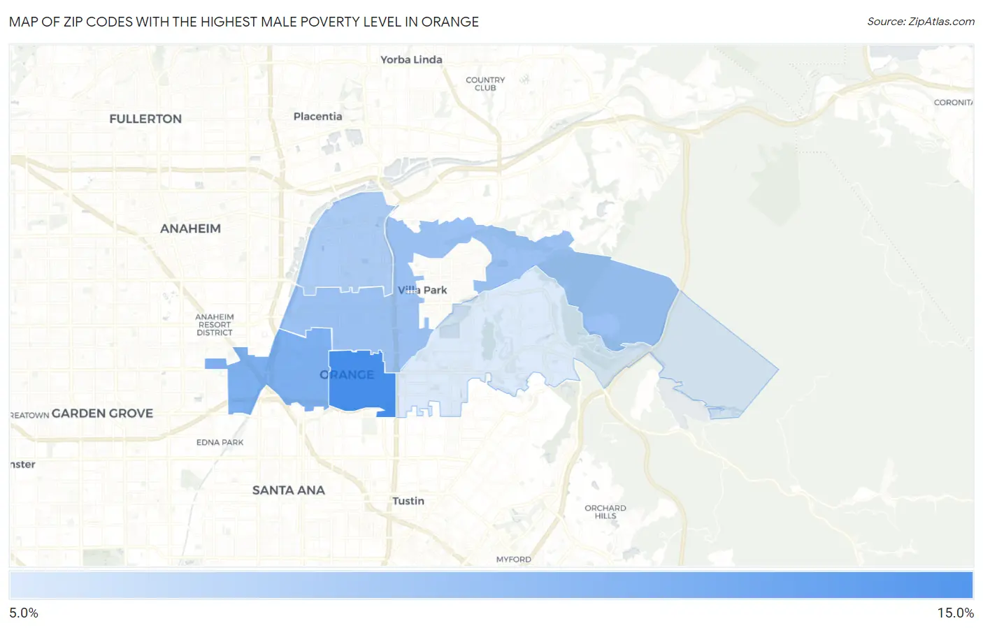 Zip Codes with the Highest Male Poverty Level in Orange Map