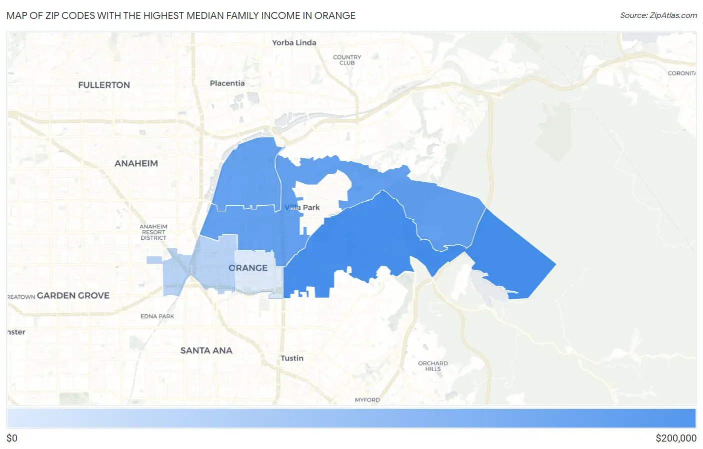 Zip Codes with the Highest Median Family Income in Orange Map