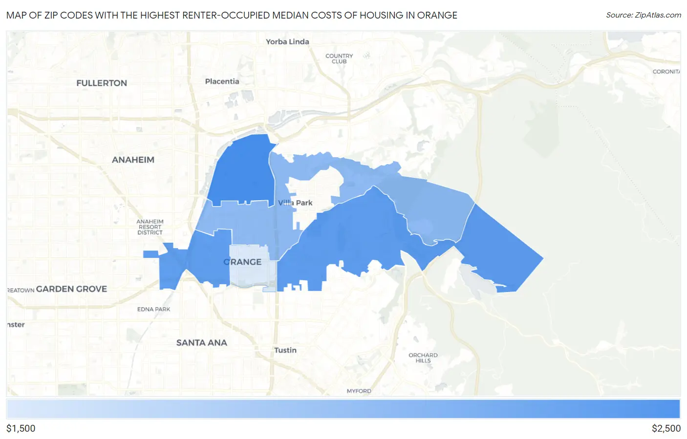 Zip Codes with the Highest Renter-Occupied Median Costs of Housing in Orange Map