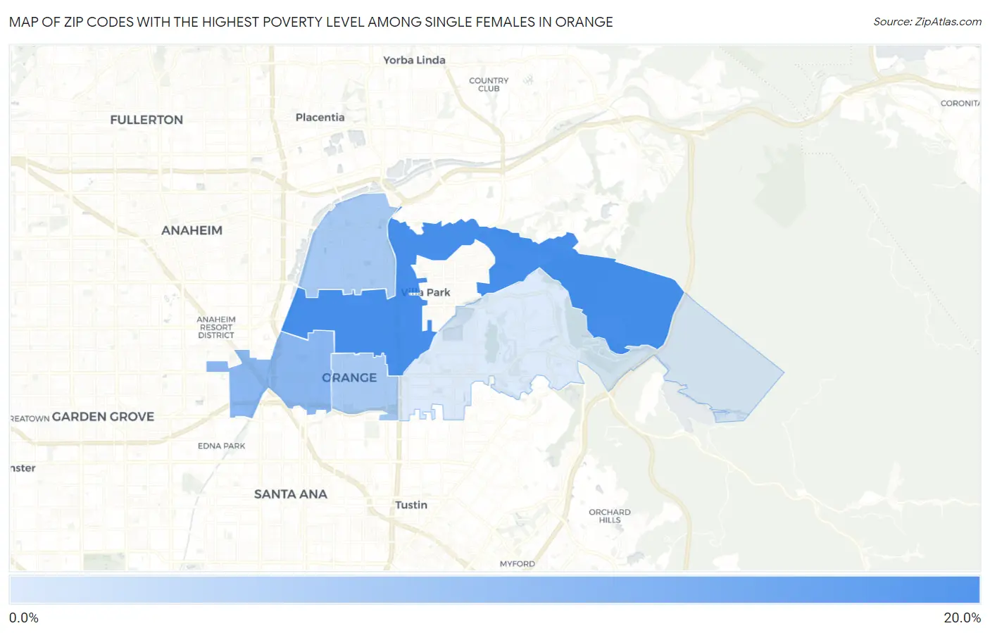 Zip Codes with the Highest Poverty Level Among Single Females in Orange Map