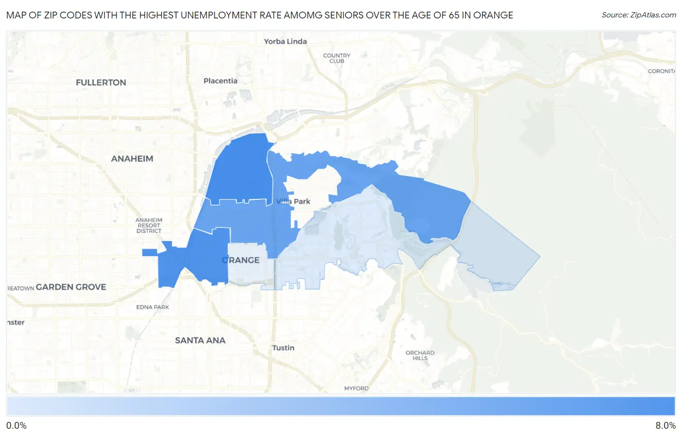 Zip Codes with the Highest Unemployment Rate Amomg Seniors Over the Age of 65 in Orange Map