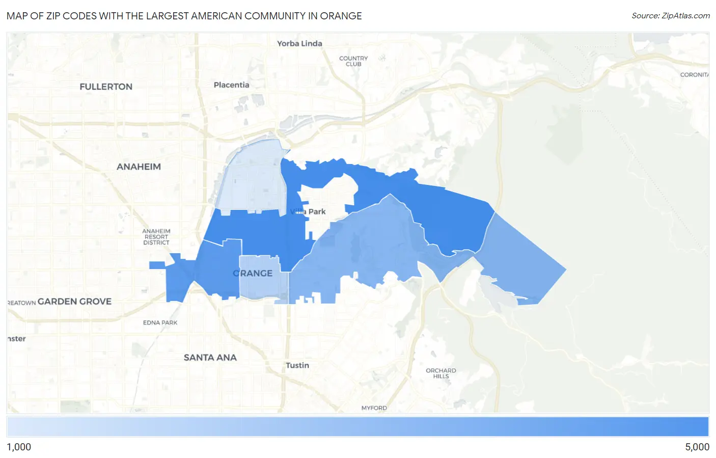 Zip Codes with the Largest American Community in Orange Map