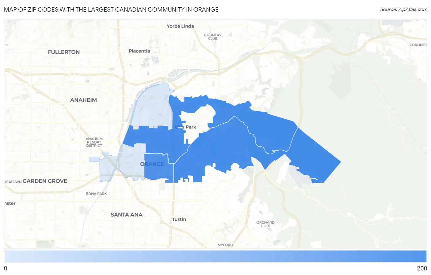 Zip Codes with the Largest Canadian Community in Orange Map