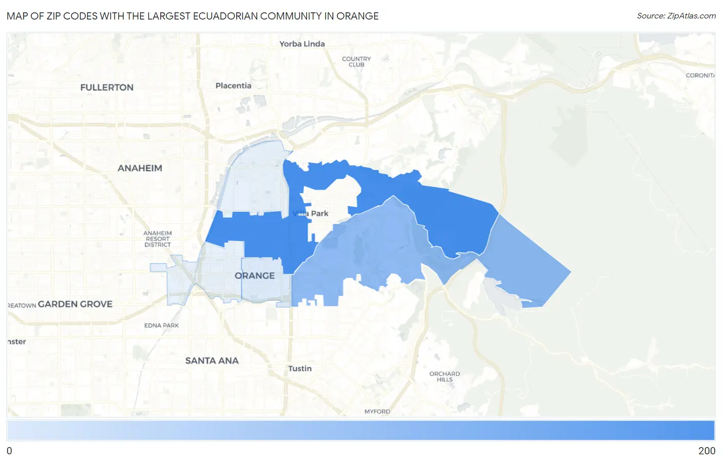 Zip Codes with the Largest Ecuadorian Community in Orange Map