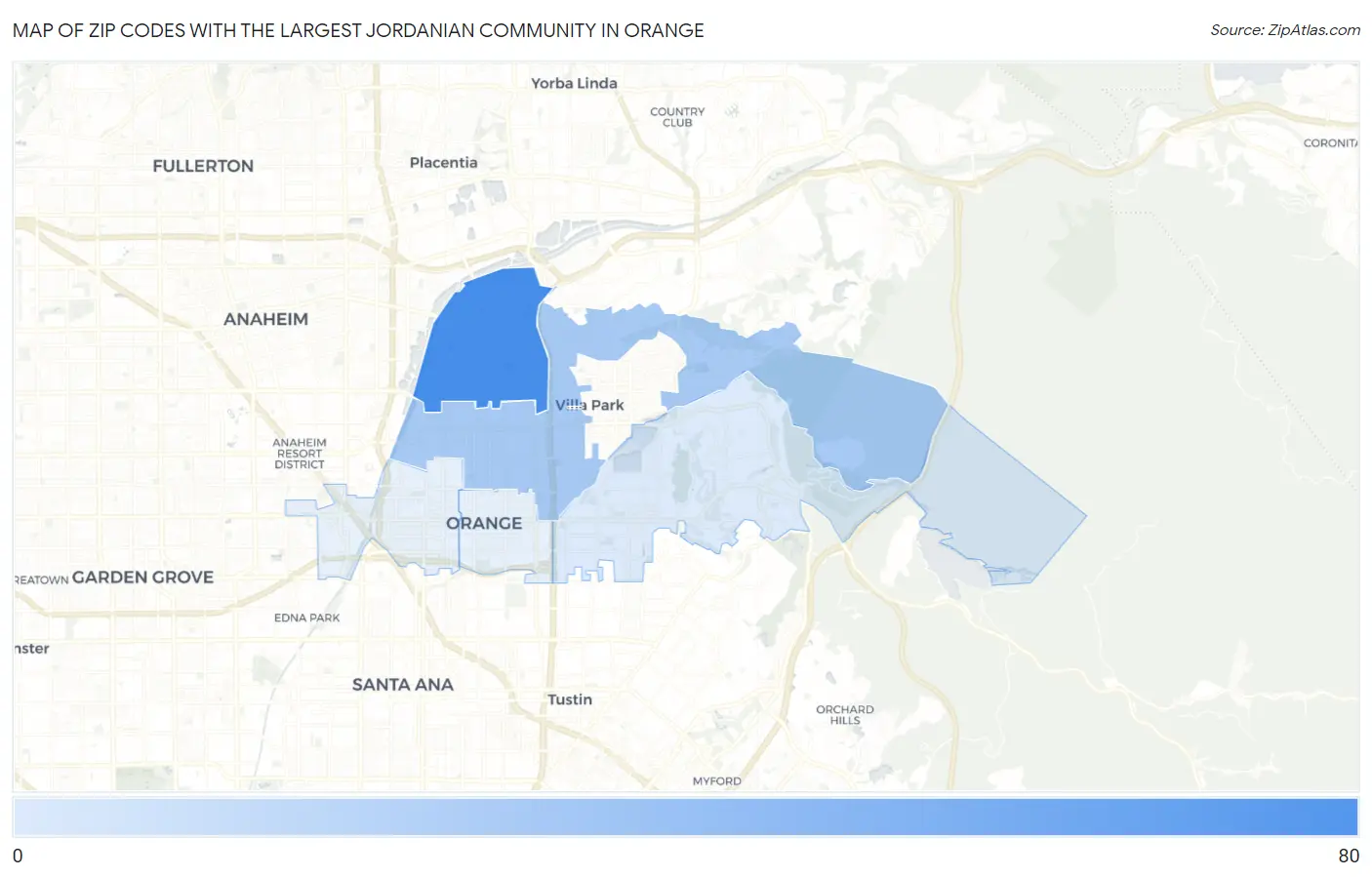 Zip Codes with the Largest Jordanian Community in Orange Map