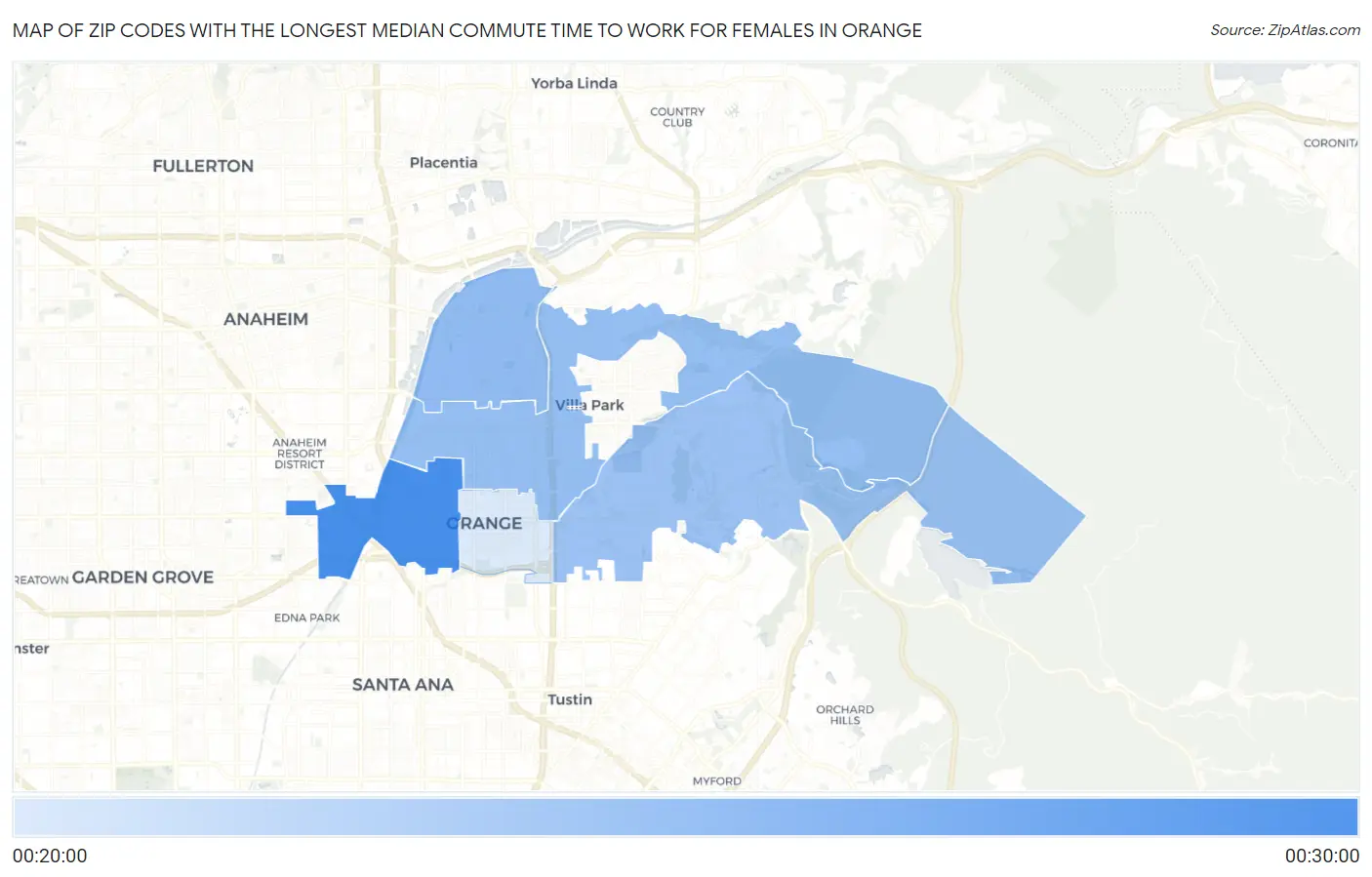 Zip Codes with the Longest Median Commute Time to Work for Females in Orange Map