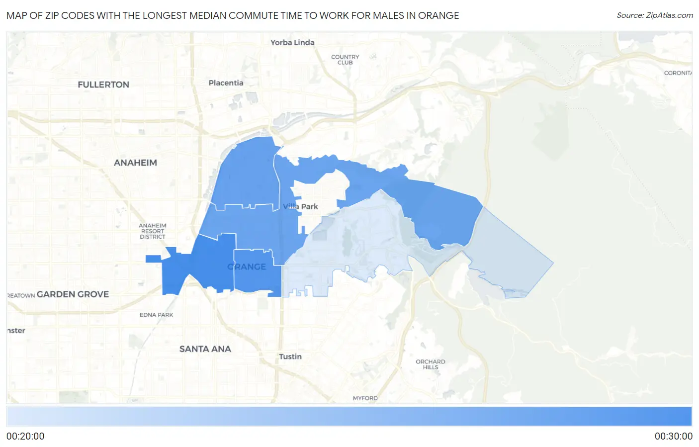 Zip Codes with the Longest Median Commute Time to Work for Males in Orange Map