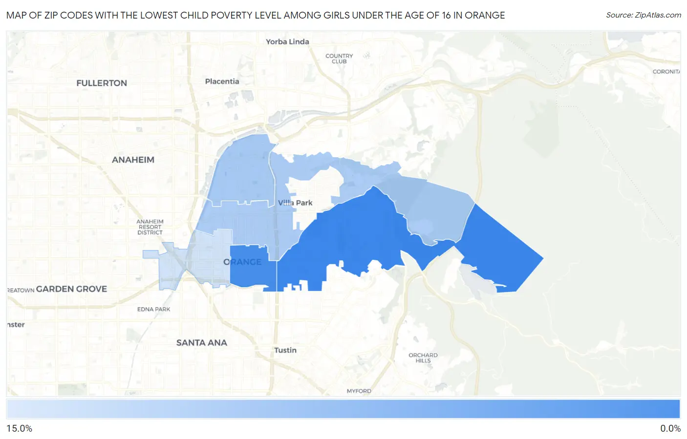 Zip Codes with the Lowest Child Poverty Level Among Girls Under the Age of 16 in Orange Map