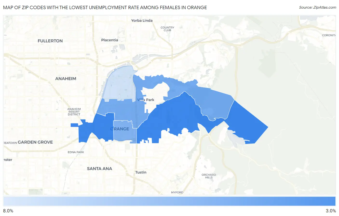 Zip Codes with the Lowest Unemployment Rate Among Females in Orange Map