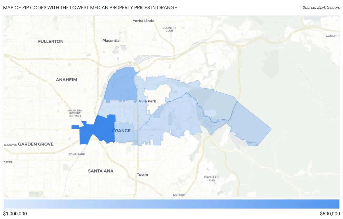 Zip Codes with the Lowest Median Property Prices in Orange Map