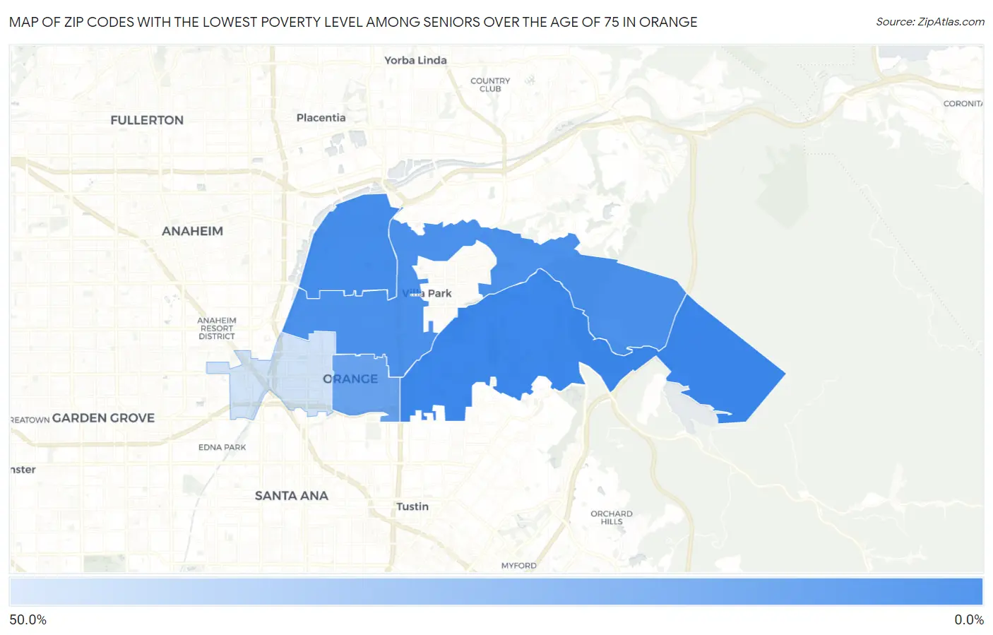 Zip Codes with the Lowest Poverty Level Among Seniors Over the Age of 75 in Orange Map