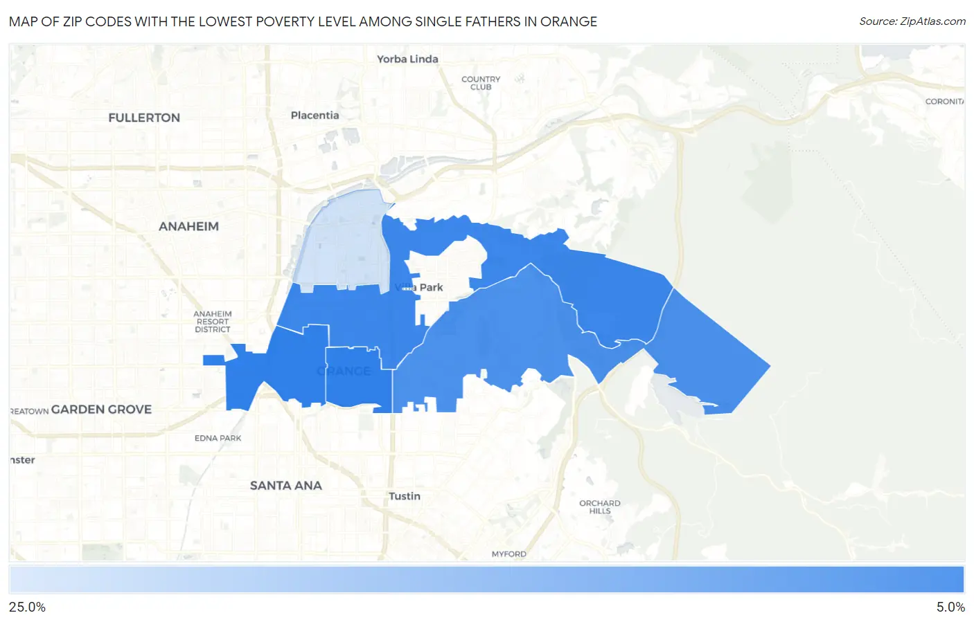 Zip Codes with the Lowest Poverty Level Among Single Fathers in Orange Map