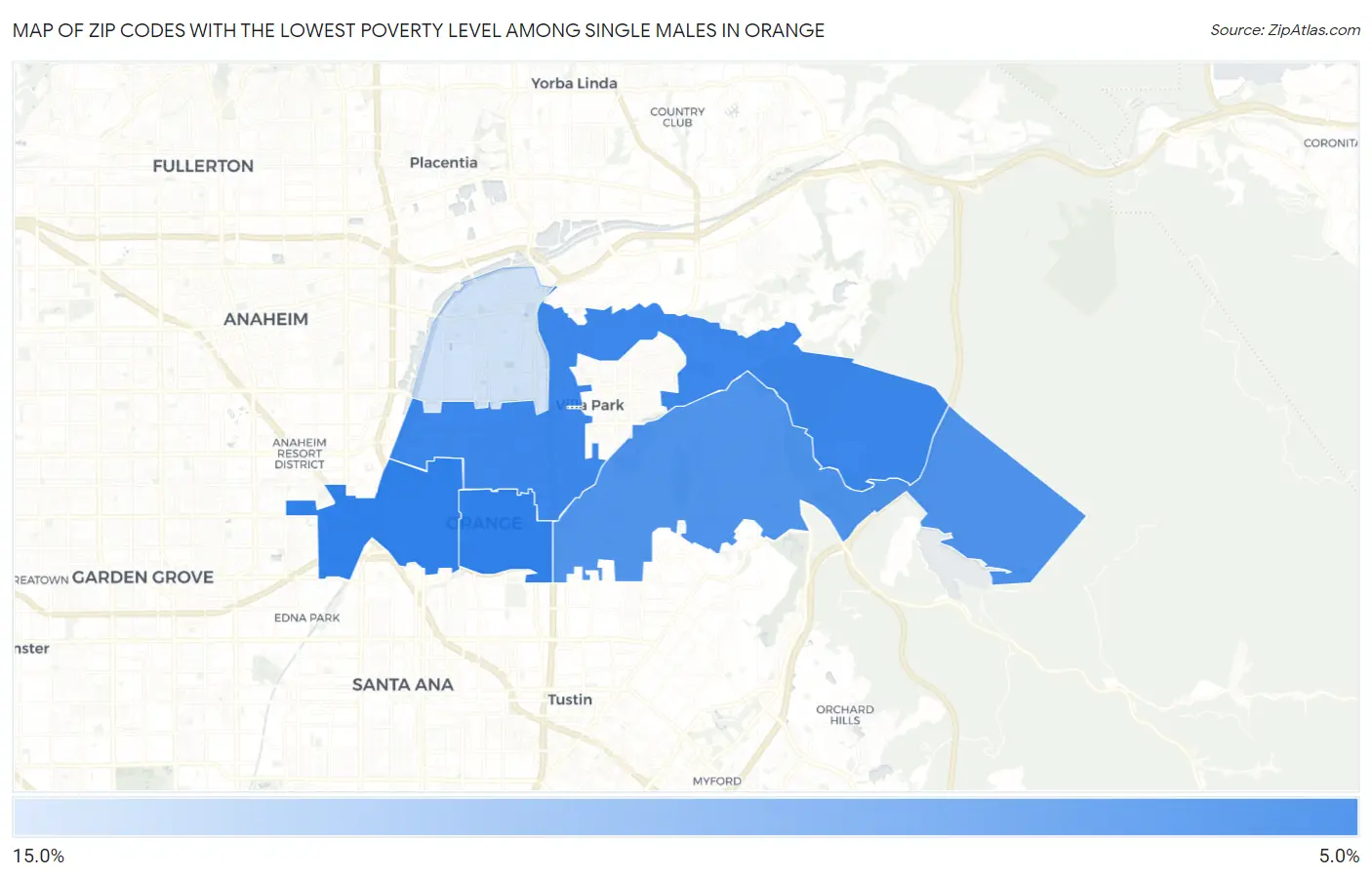 Zip Codes with the Lowest Poverty Level Among Single Males in Orange Map