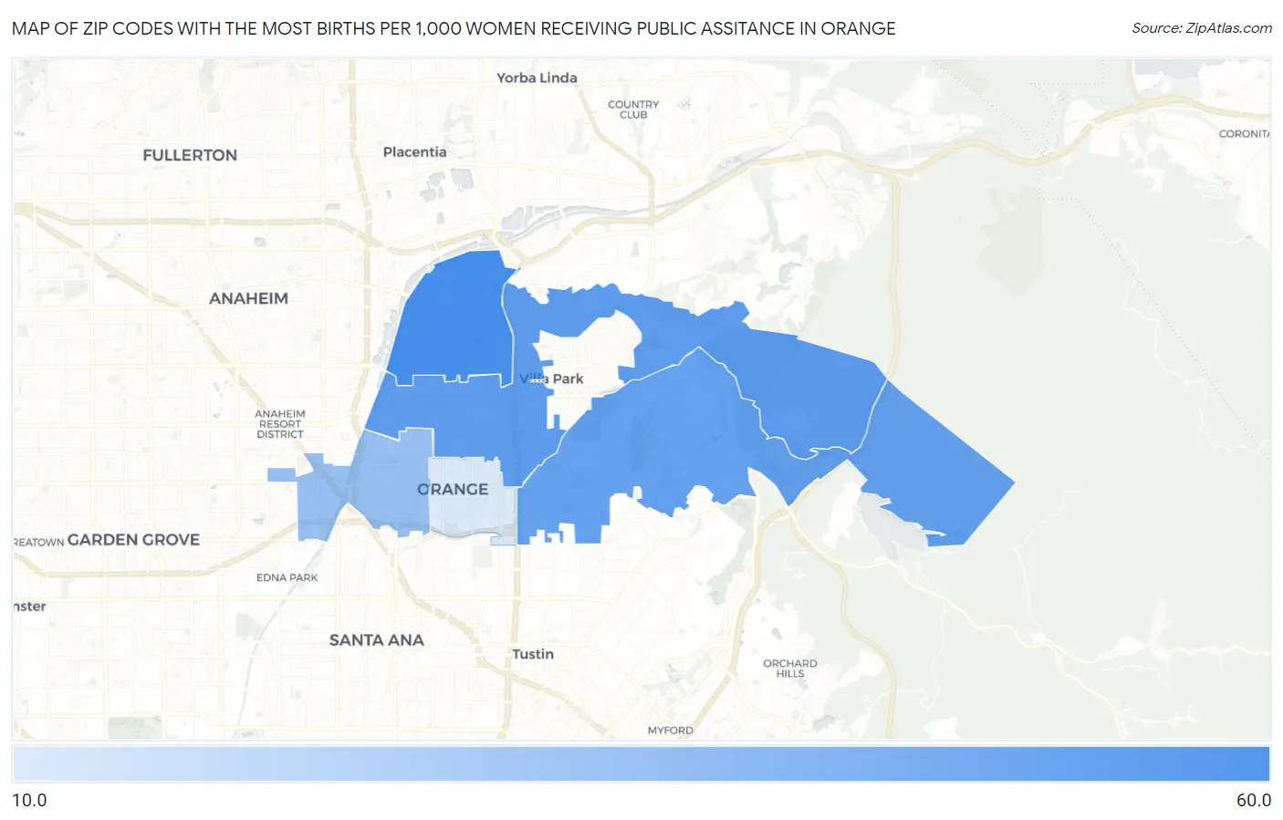 Zip Codes with the Most Births per 1,000 Women Receiving Public Assitance in Orange Map