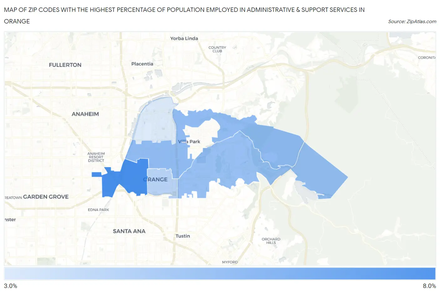 Zip Codes with the Highest Percentage of Population Employed in Administrative & Support Services in Orange Map