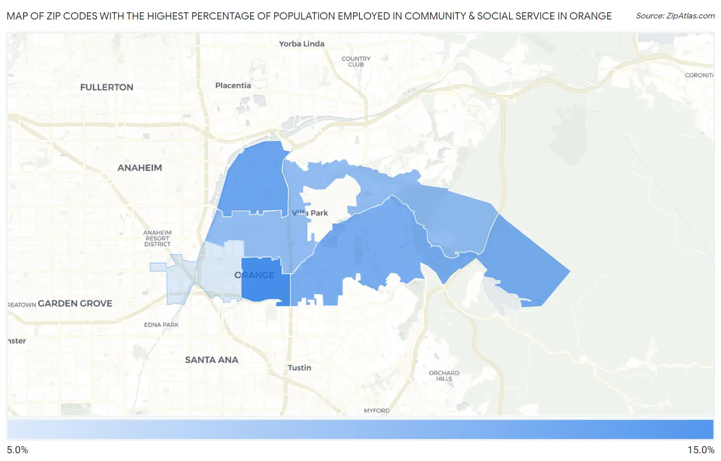 Zip Codes with the Highest Percentage of Population Employed in Community & Social Service  in Orange Map