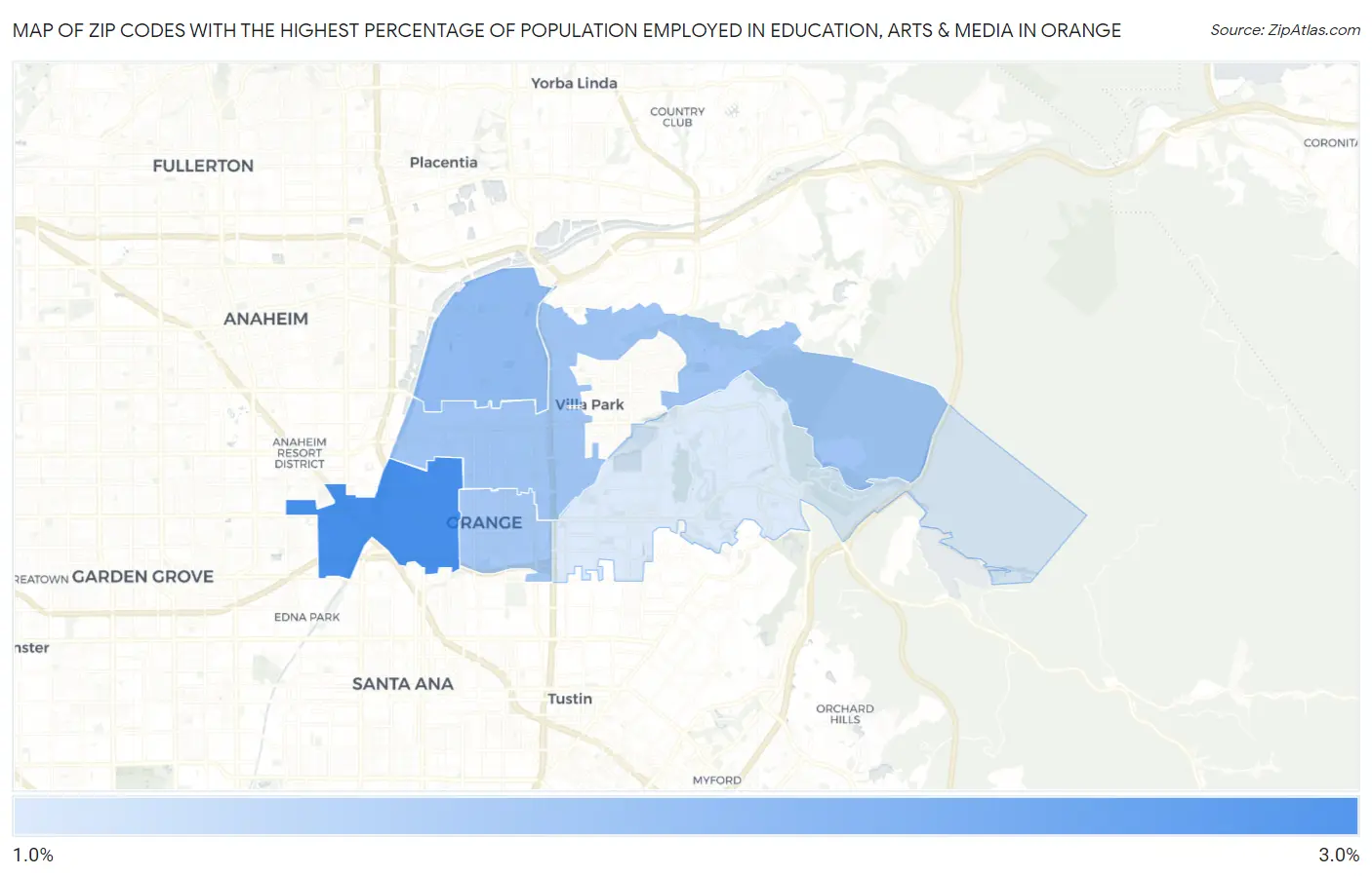 Zip Codes with the Highest Percentage of Population Employed in Education, Arts & Media in Orange Map