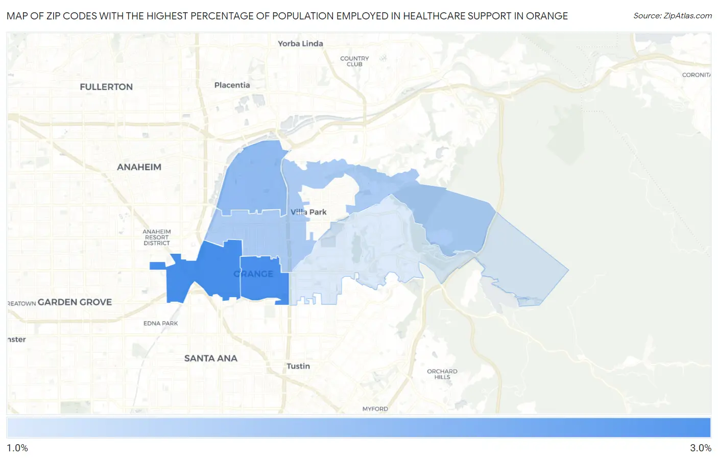 Zip Codes with the Highest Percentage of Population Employed in Healthcare Support in Orange Map